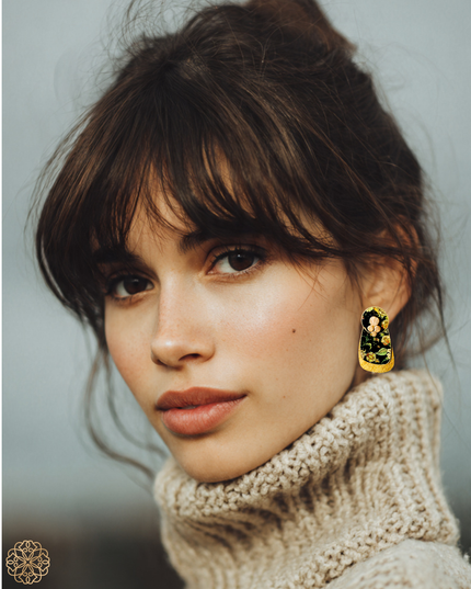 Double drop patterned brass earrings
