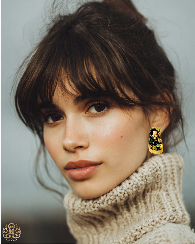 Double drop patterned brass earrings