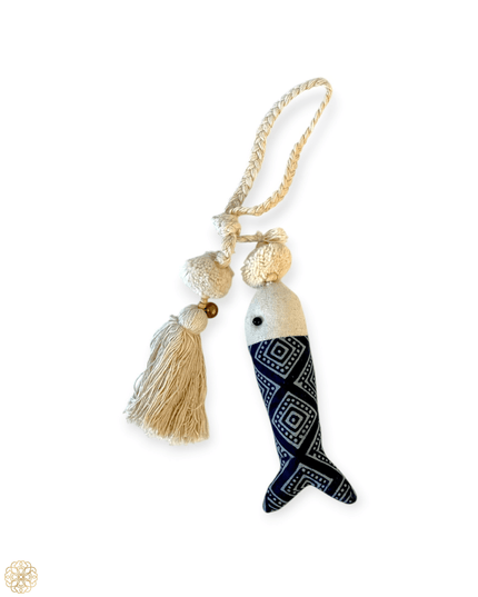 Blue and white fabric fish with tassel for door or bag - Sundara Joon