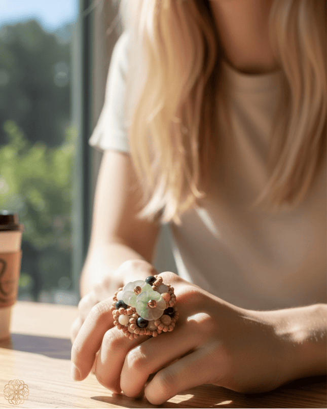 Bouquet of jade flowers ring with wooden beads - Sundara Joon