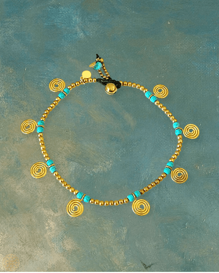 Brass and turquoise anklet in a tribal design - Sundara Joon