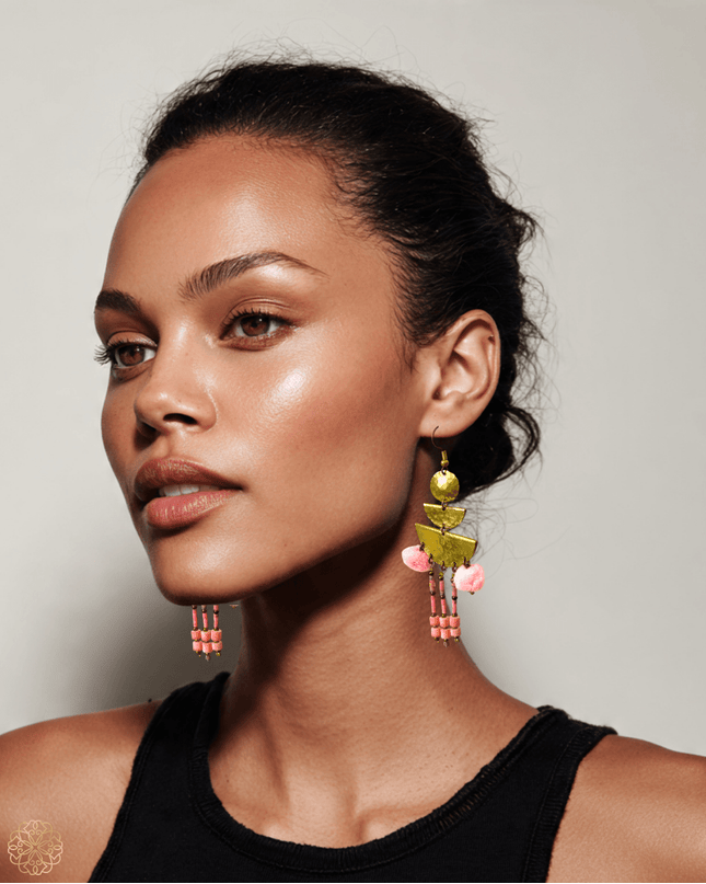 Colorful drop earrings with beads and pompoms - Sundara Joon