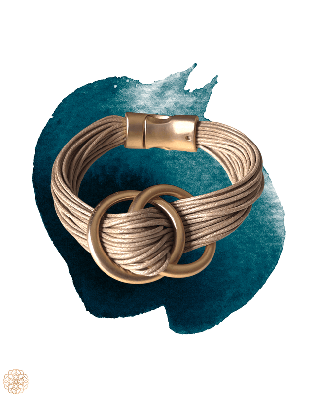 Copper interlocking rings bracelet with tan straps - Sundara Joon