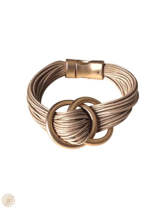 Copper interlocking rings bracelet with tan straps - Sundara Joon