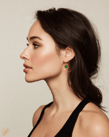 Copper swirl dangling drop earring with green center - Sundara Joon