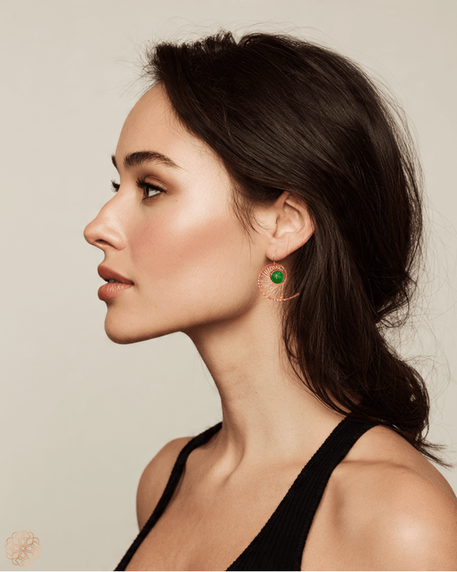 Copper swirl dangling drop earring with green center - Sundara Joon