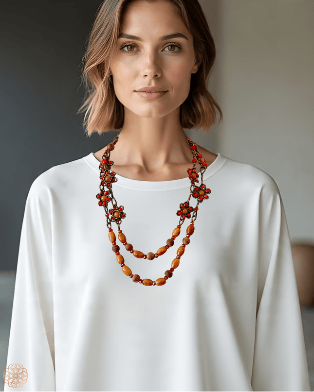 Double loop floral mookaite and wood necklace - Sundara Joon