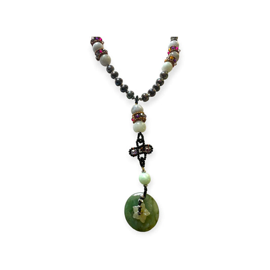 Jade and pearl beaded statement necklace with a jadite disk - Sundara Joon