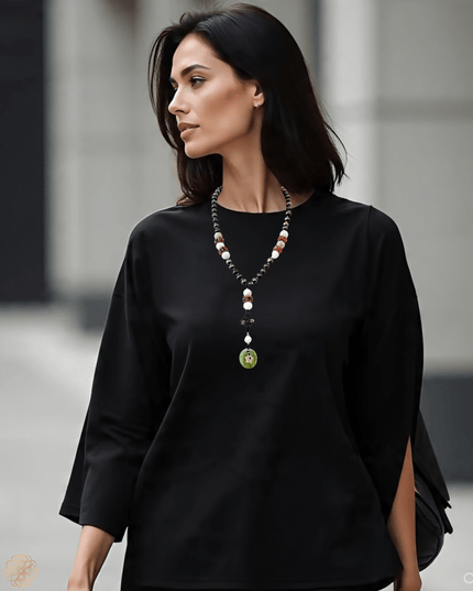 Jade and pearl beaded statement necklace with a jadite disk - Sundara Joon