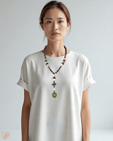 Jade and pearl beaded statement necklace with a jadite disk - Sundara Joon