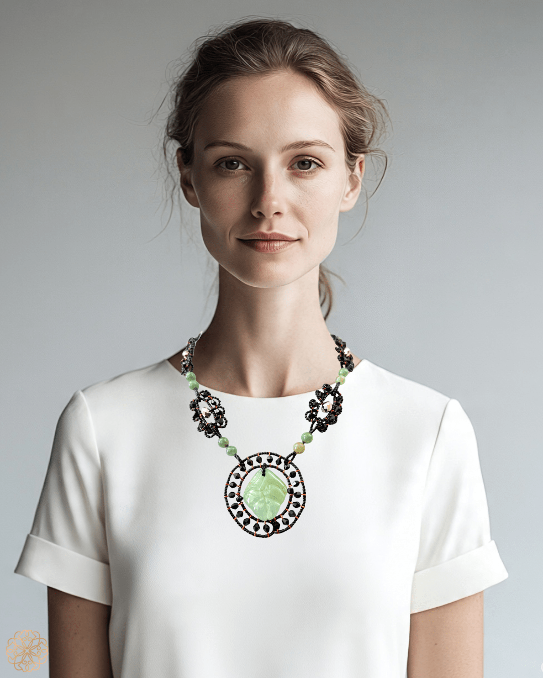 Jade carved pendant necklace with lacy pattern - Sundara Joon