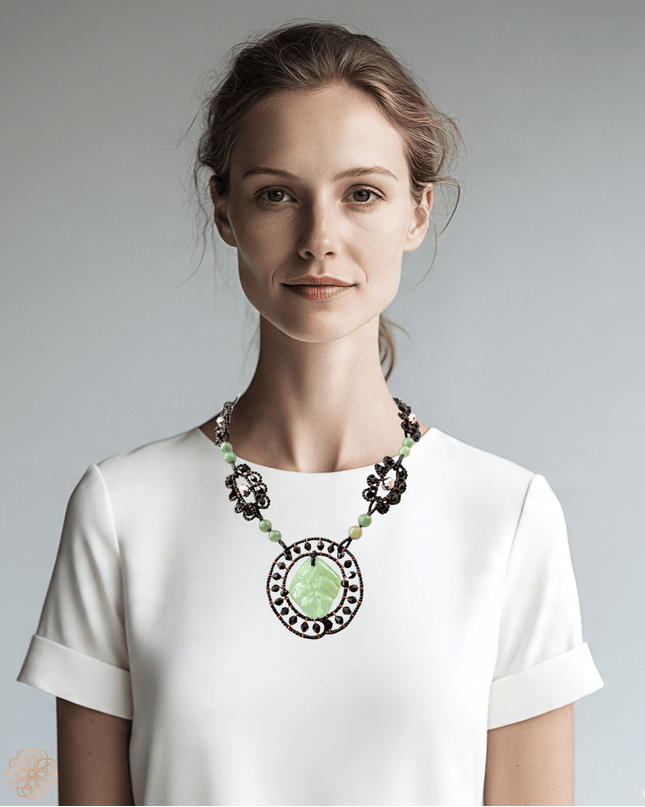 Jade carved pendant necklace with lacy pattern - Sundara Joon