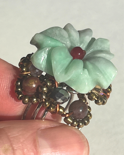 Jade floral ring with crystals
