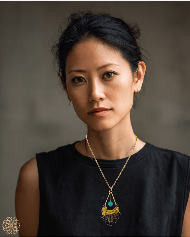 Organic fan with suspended blue stone pendant necklace - Sundara Joon