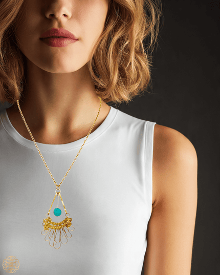 Organic fan with suspended blue stone pendant necklace - Sundara Joon