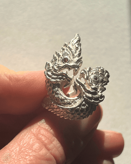 Silver double dragon ring that is handcrafted and one of a kind