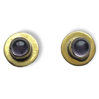 Simple circular brass and gemstone stud earrings - Sundara Joon