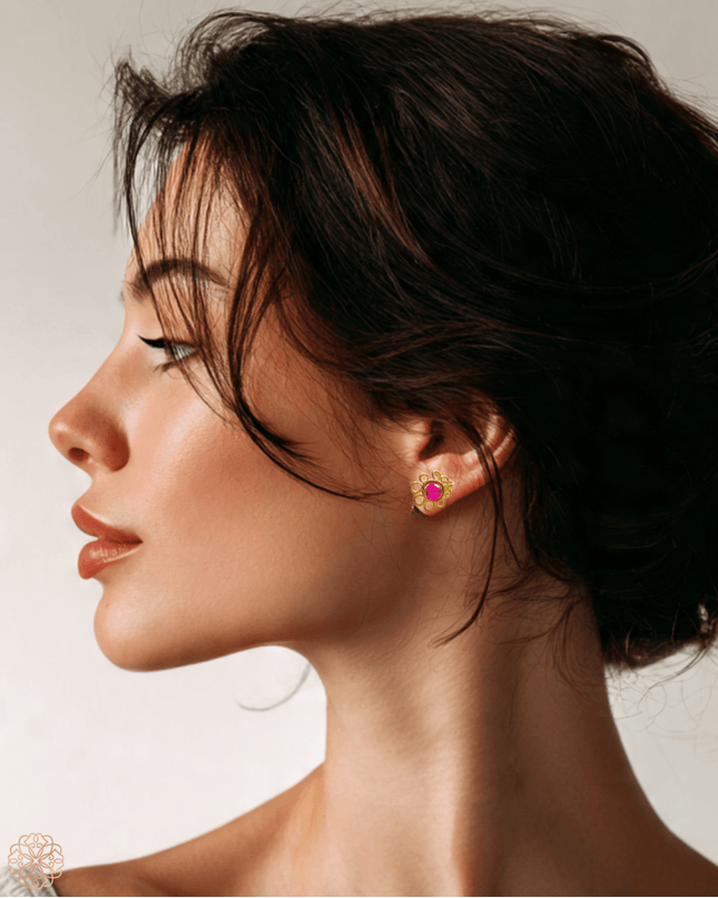 Simple delicate flower earrings with pink gemstones - Sundara Joon