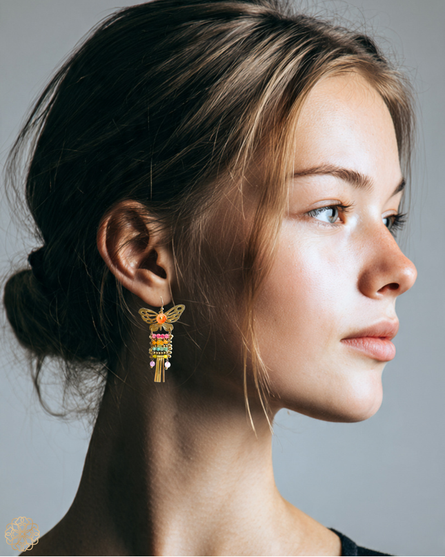 Dangling butterfly with gemstone earrings