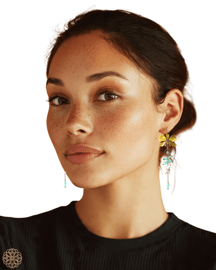 Whimsical gemstone butterfly and floral drop earrings at Sundara Joon