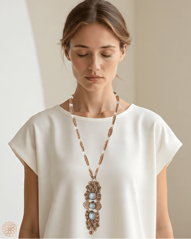 Wood and gemstone beaded medallion necklace - Sundara Joon