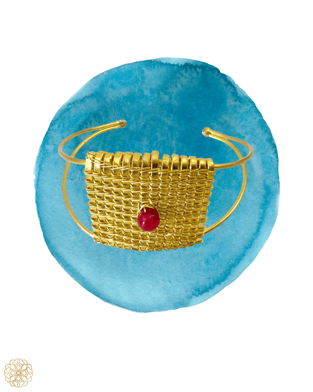 Woven brass cuff bracelet with carnelian center - Sundara Joon