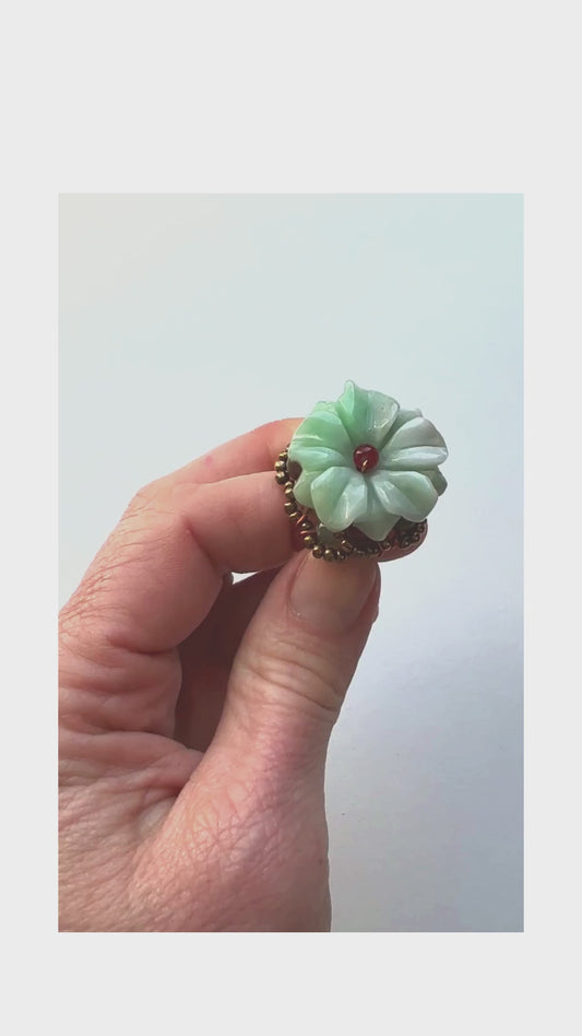Green jade floral statement ring with crystals