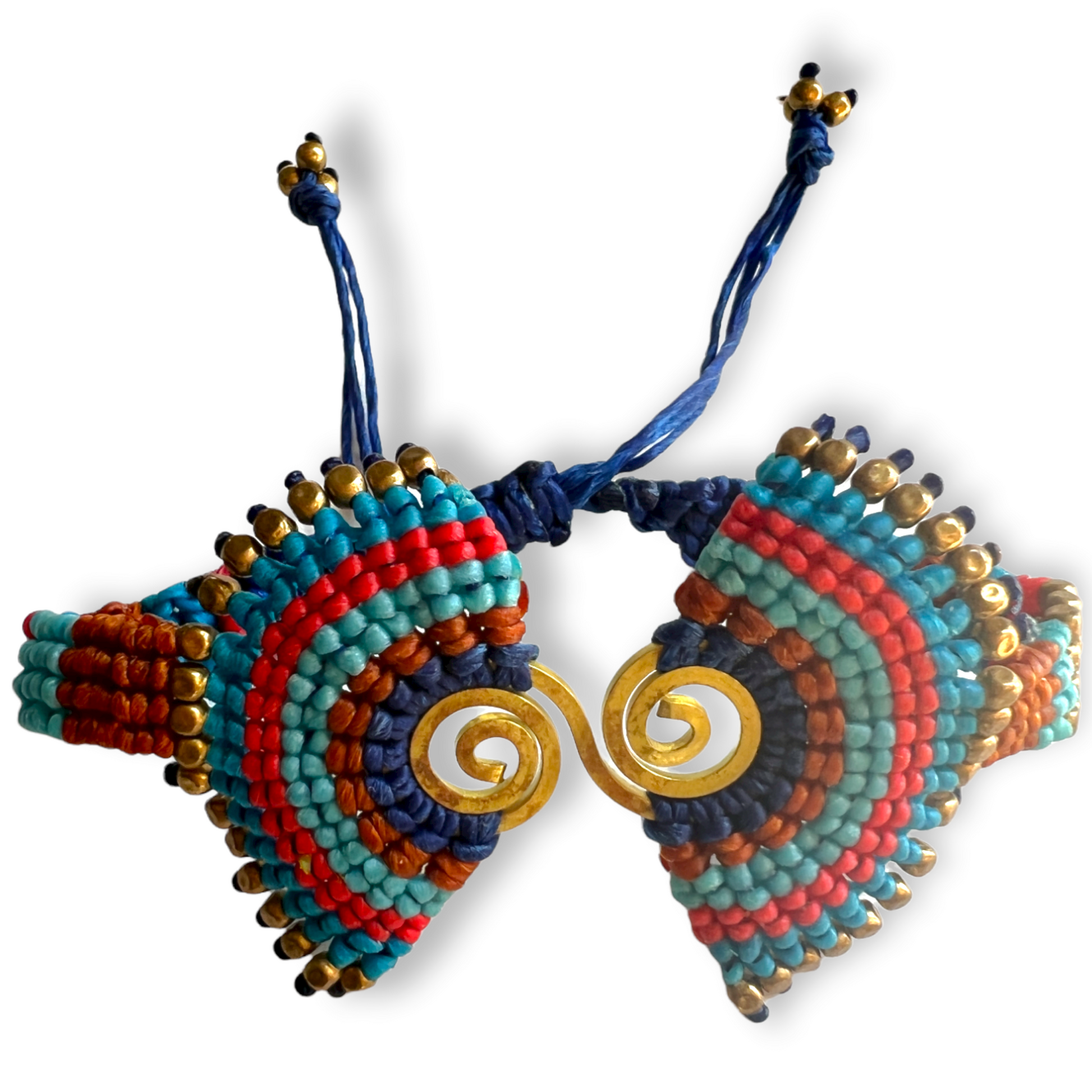 Woven bracelet with brass beads and colorful waxed cord in a tribal pattern - blue