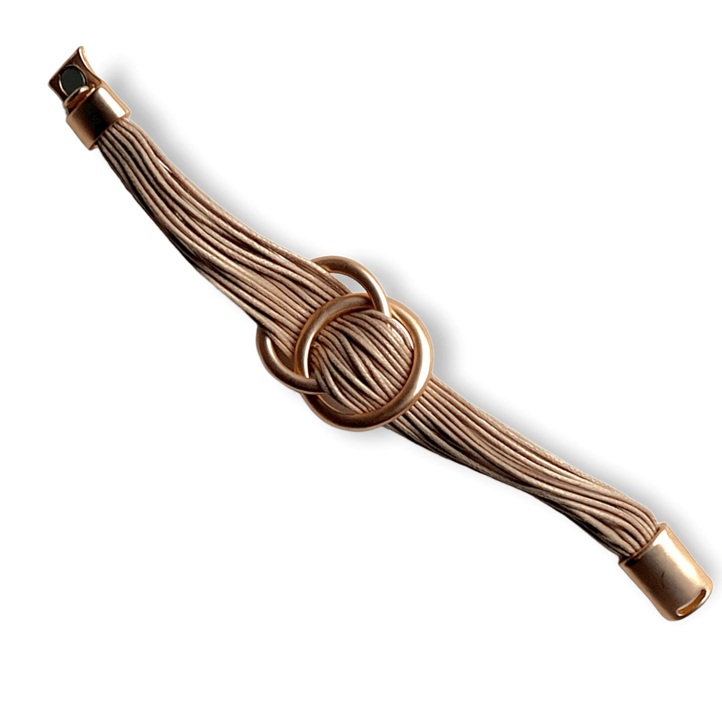 Brass interlocking rings bracelet with tan strapsSundara Joon