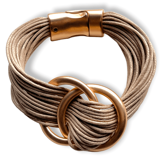 Copper interlocking rings bracelet with tan straps - Sundara Joon