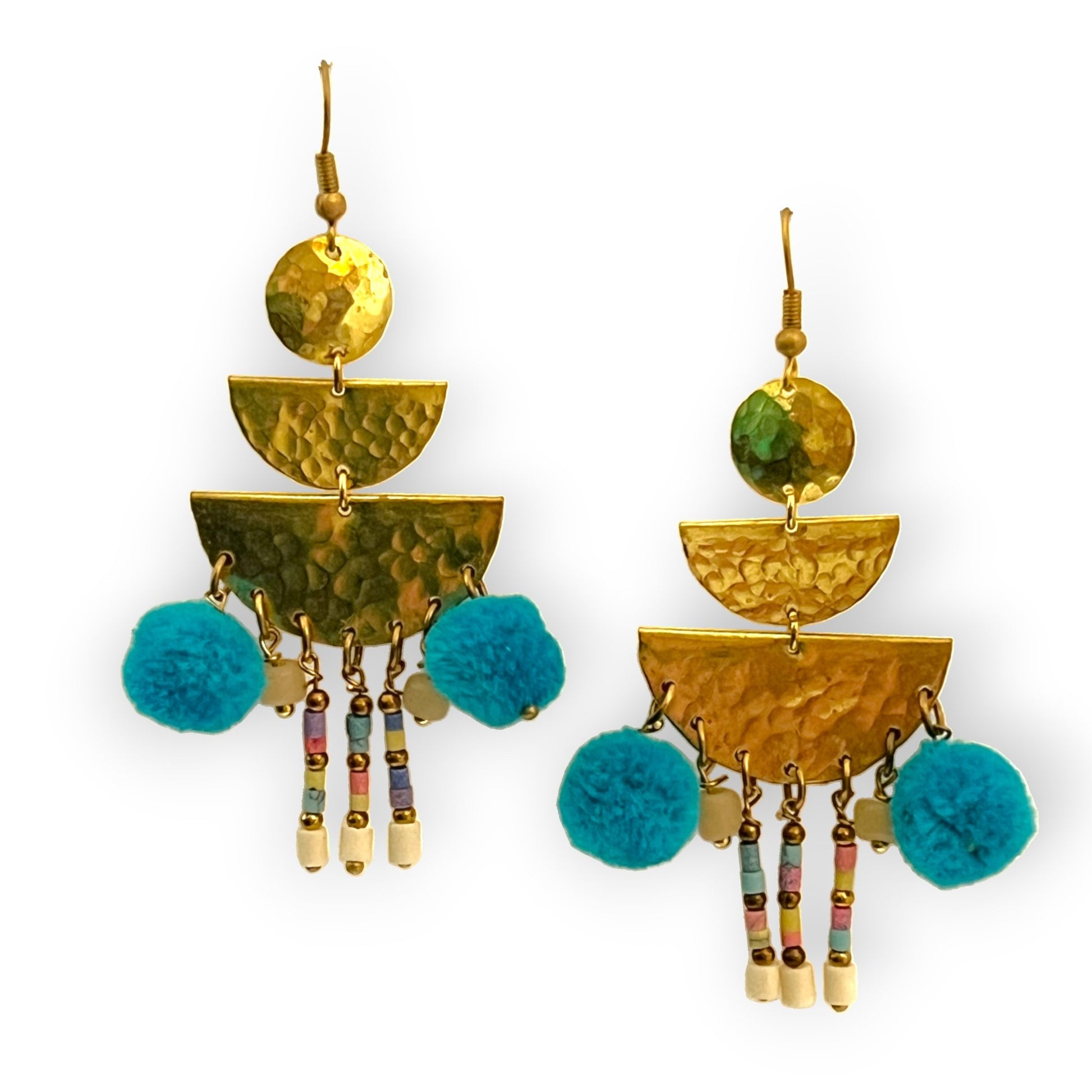 Colorful drop statement earrings with beads and pompomsSundara Joon