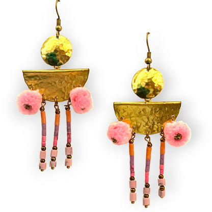 Colorful drop statement earrings with beads and pompomsSundara Joon