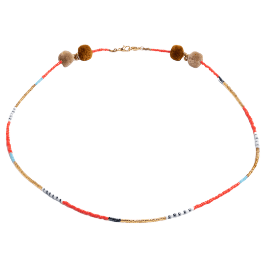 Colorful tribal beaded necklace with pom poms - Sundara Joon