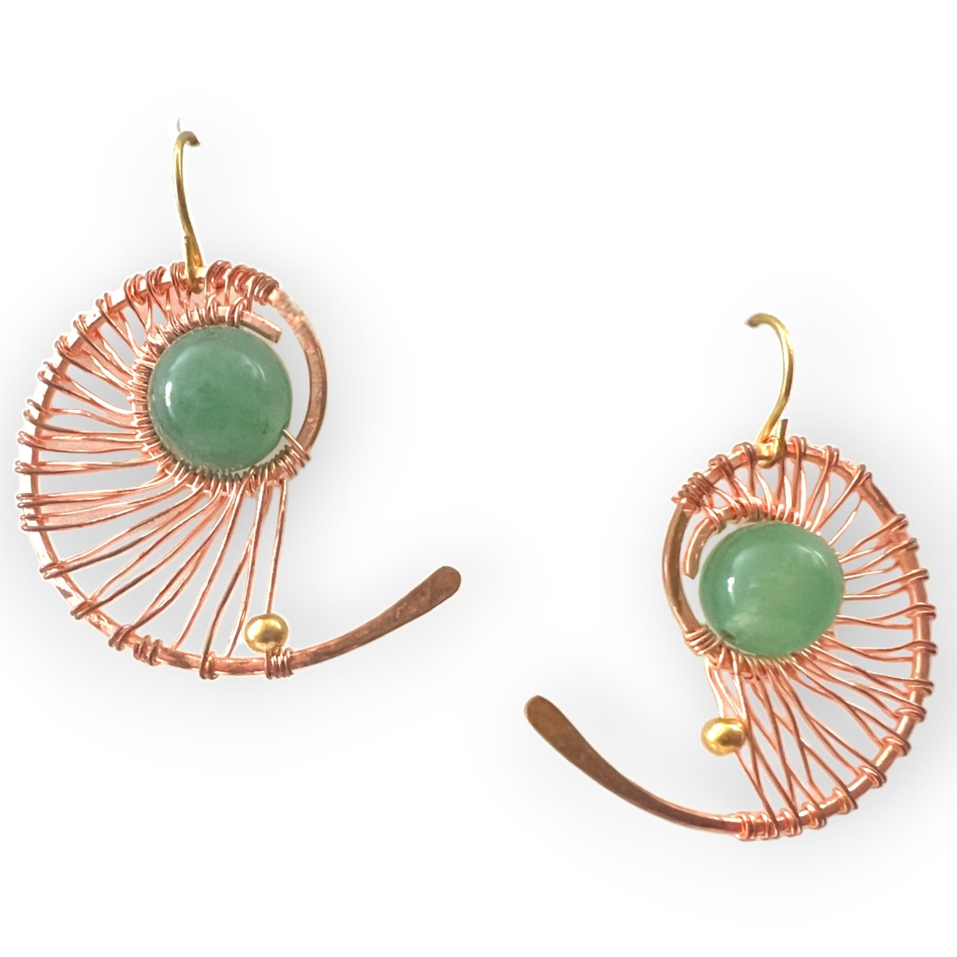 Copper swirl dangling drop earring with green center - Sundara Joon