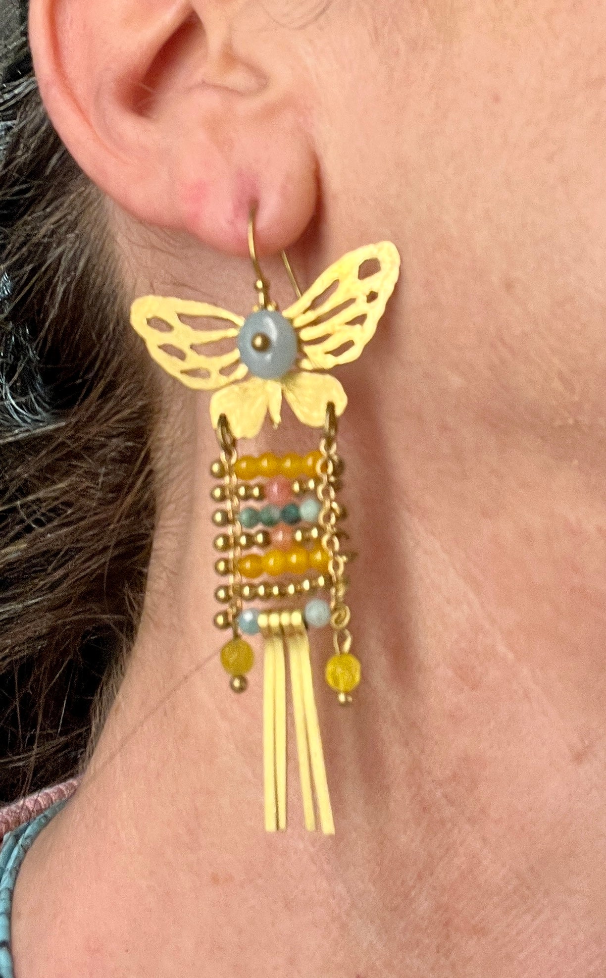 Dangling butterfly with gemstone beaded earrings - Sundara Joon