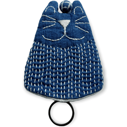 Blue fabric cheerful feline key purse - Sundara Joon