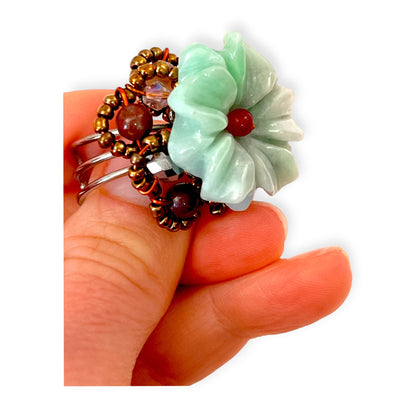 Green jade floral statement ring with crystals - Sundara Joon