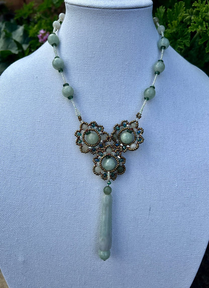 Beaded green jade floral pendant statement necklace - Sundara Joon