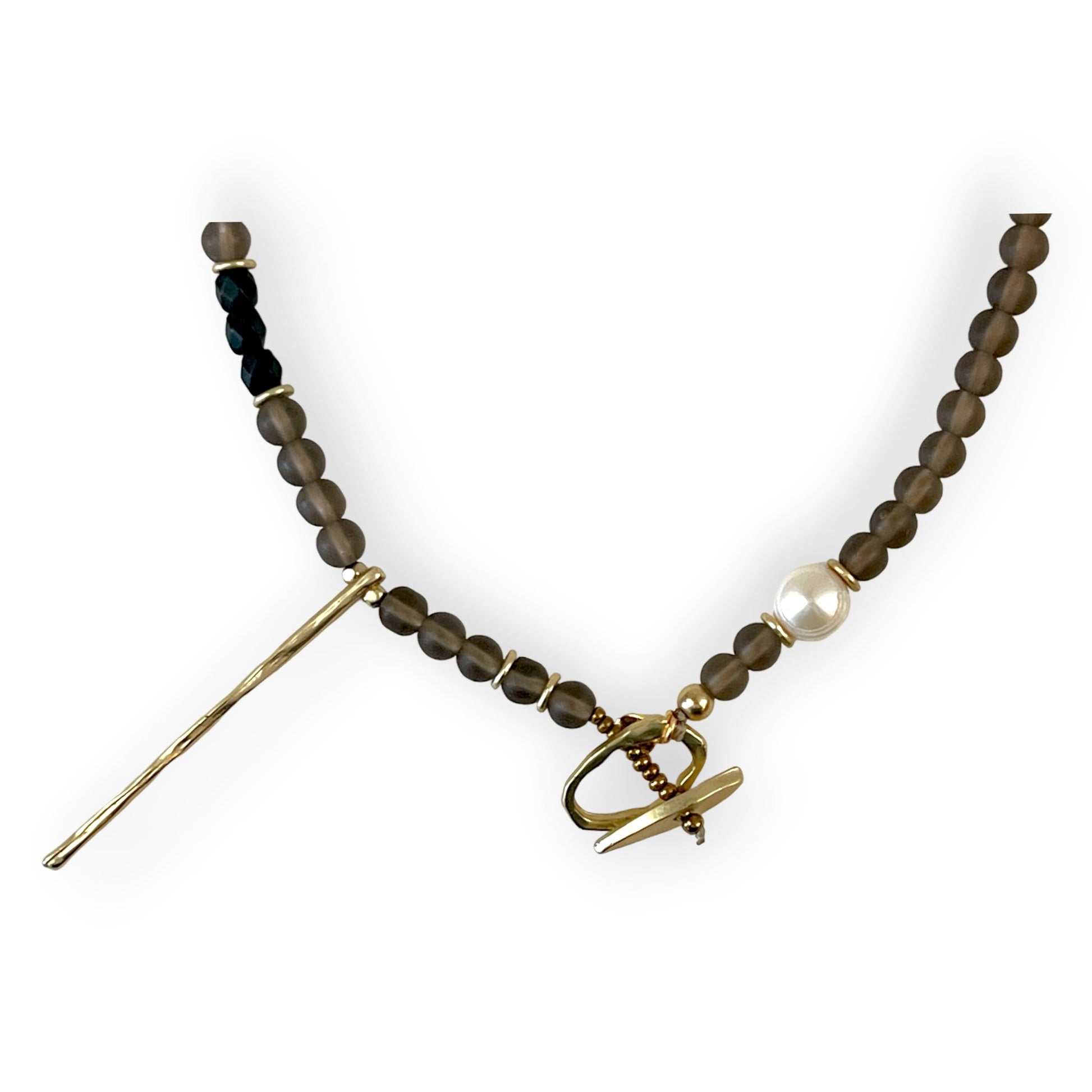 Smokey quartz beaded necklace with black chalcedony, pearl and brass aSundara Joon
