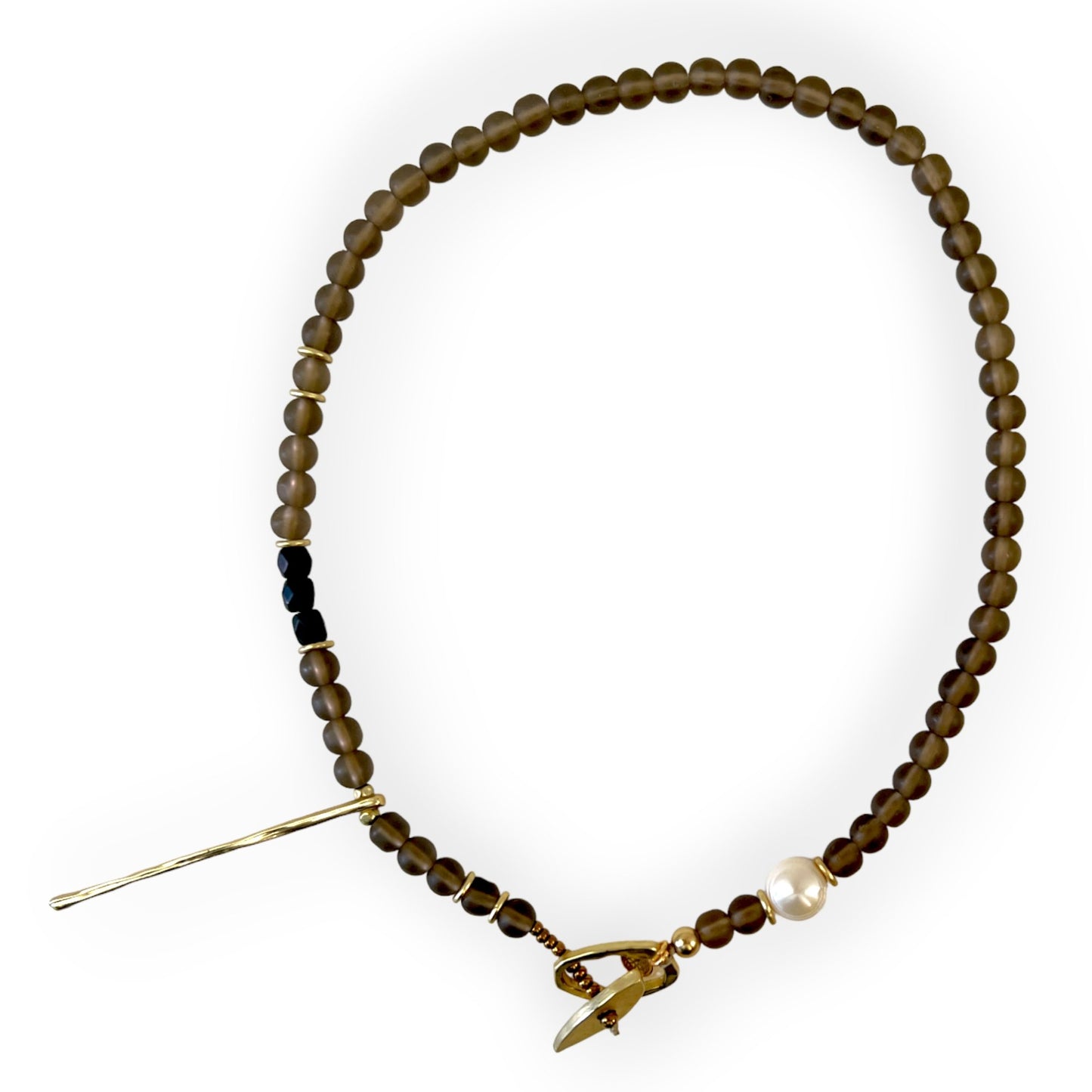 Smokey quartz beaded necklace with black chalcedony, pearl and brass aSundara Joon