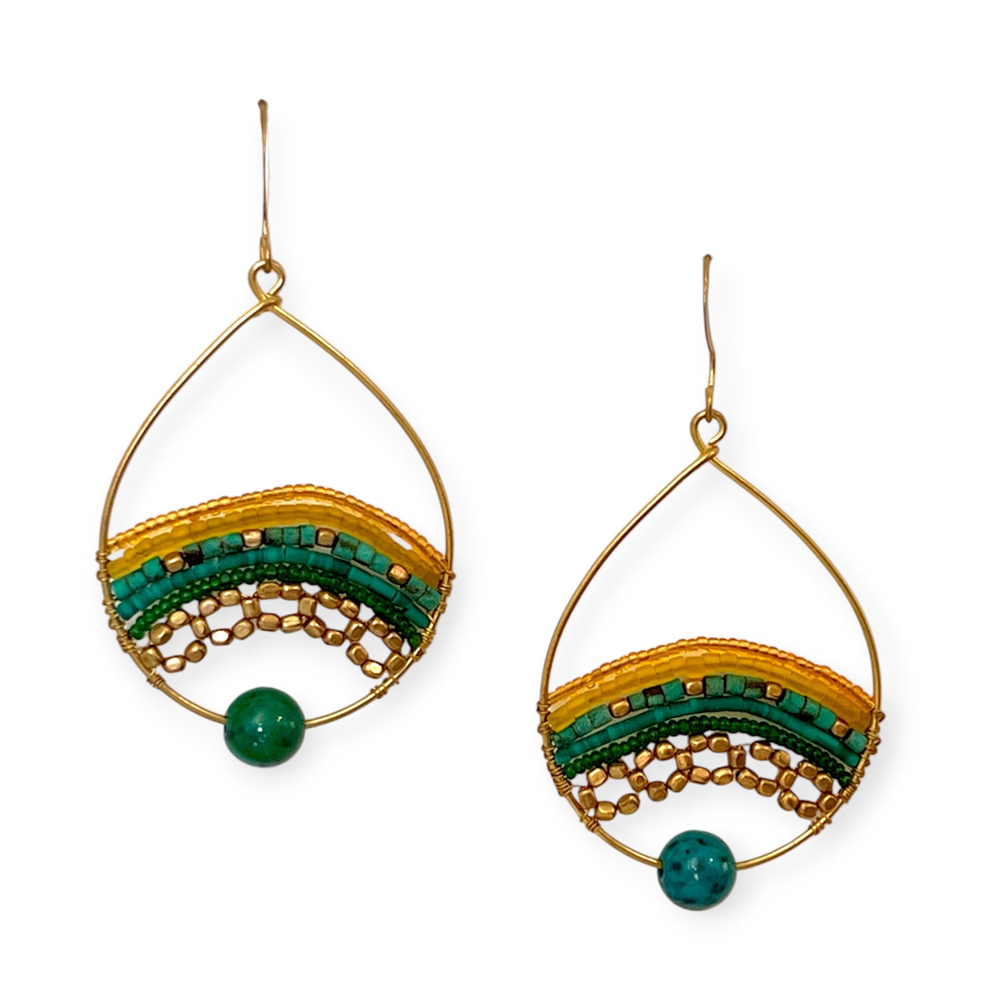 Turquoise green and brass beaded drop earrings - Sundara Joon